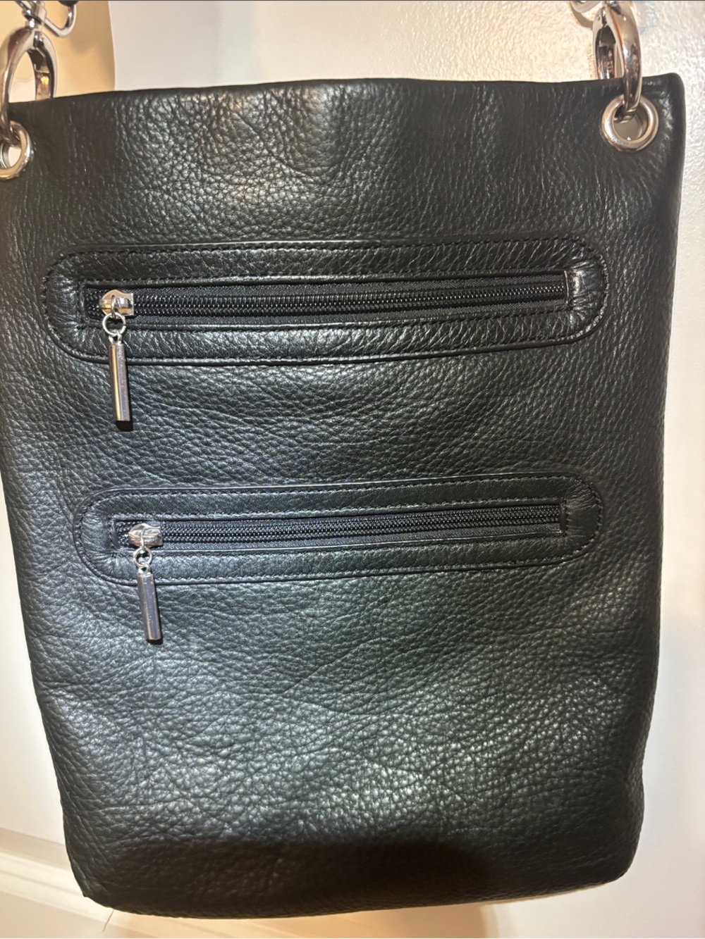 Black Leather Crossbody Bag with Silver Ring Details - Picture 3 of 15